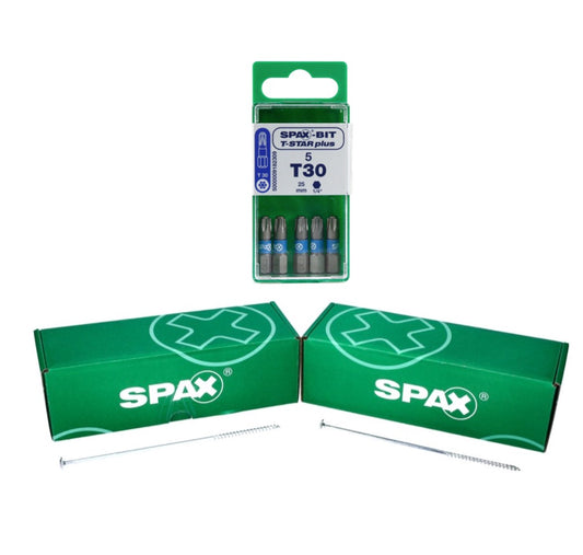 SPAX Set BIT T-STAR plus T30 - 6,4 x 25 mm, 5 pièces (5000009182309) + Vis à tête ronde HI.FORCE 6,0 x 220 mm 50 pièces (0251010602205)