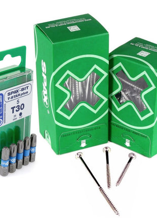 SPAX Set BIT T-STAR plus T30 - 6,4 x 25 mm, 5 piezas (5000009182309) + tornillo con cabeza de arandela HI.FORCE 6,0 x 80 mm 100 piezas (0251010600805)