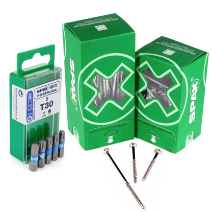 SPAX Set BIT T-STAR plus T30 - 6,4 x 25 mm, 5 pièces (5000009182309) + Vis à tête ronde HI.FORCE 6,0 x 80 mm 100 pièces (0251010600805)