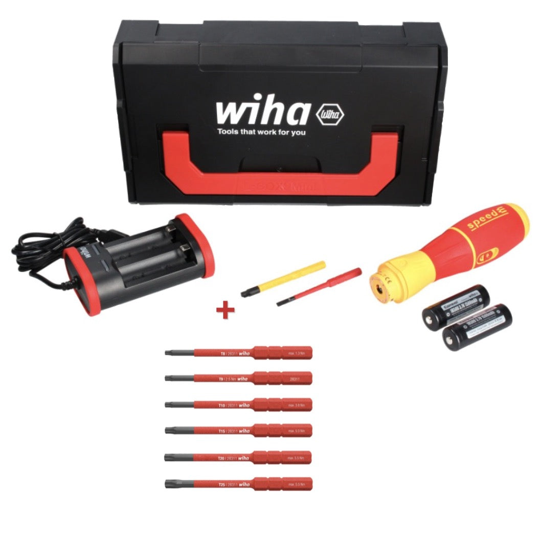 Tournevis électrique Wiha speedE II electric 7 pièces + 2x SlimBit + batterie + chargeur + L-Boxx Mini + Bit Set slimBit electric VDE Torx set 6 pièces.