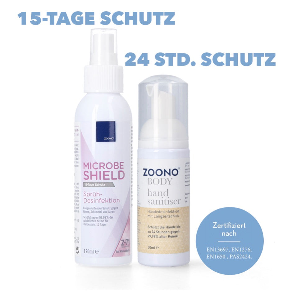 Zoono Desinfektions Set 1x Z-71 Micobe Shield Flächendesinfektionsmittel 120 ml + 1x Handdesinfektion 50 ml ( Zertifiziert nach PAS 2424 / EN13697 / EN1276 / EN1650 ) - Toolbrothers