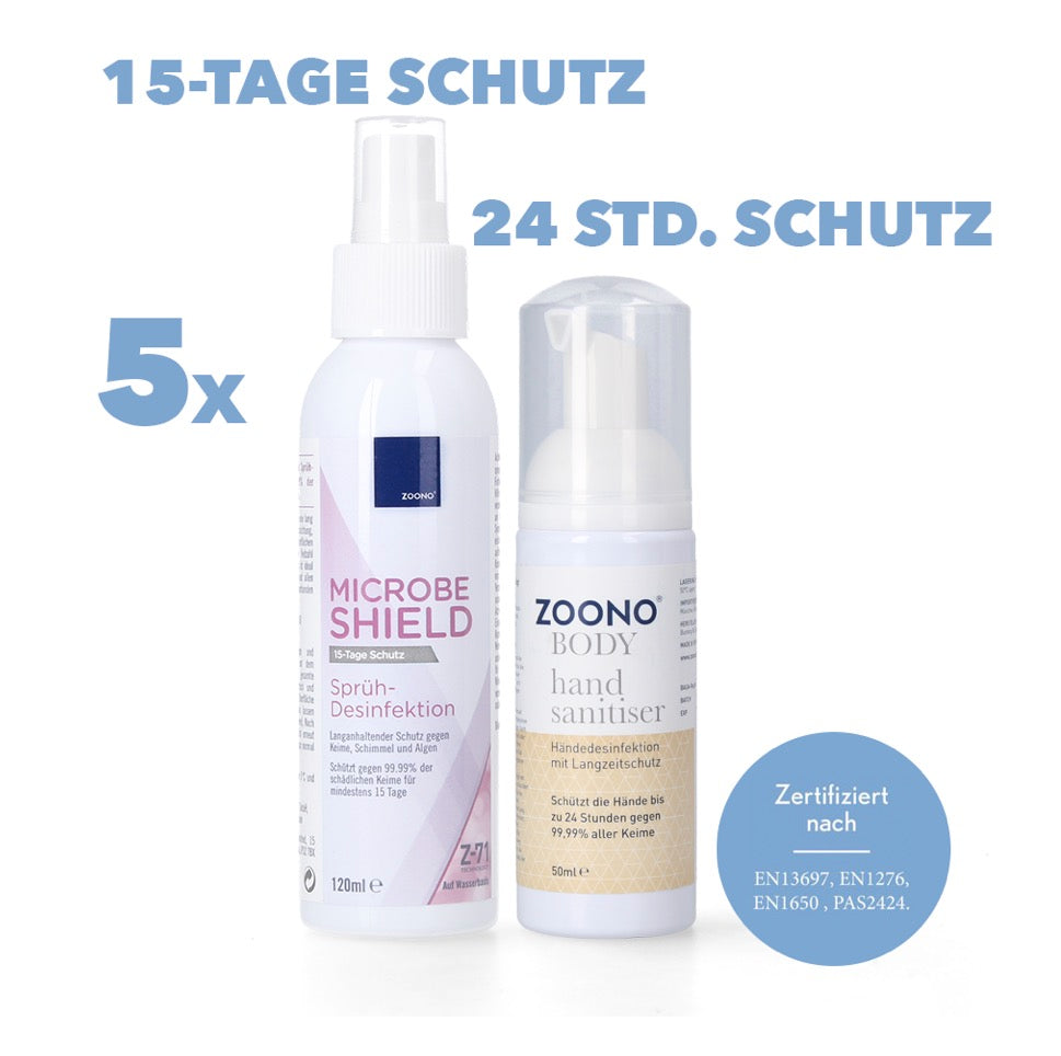 Zoono Desinfektions Set 5x Z-71 Micobe Shield Flächendesinfektionsmittel 120 ml + 5x Handdesinfektion 50 ml ( Zertifiziert nach PAS 2424 / EN13697 / EN1276 / EN1650 ) - Toolbrothers