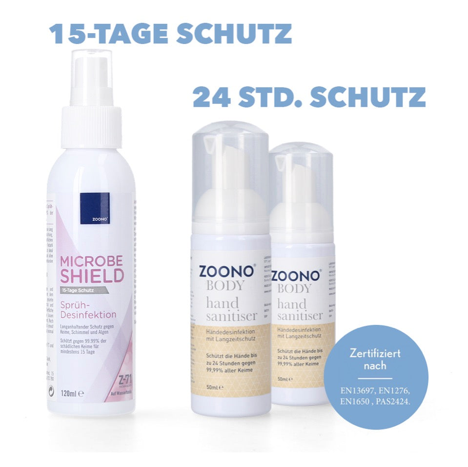 Zoono Desinfektions Set 1x Z-71 Micobe Shield Flächendesinfektionsmittel 120 ml + 2x Handdesinfektion 50 ml ( Zertifiziert nach PAS 2424 / EN13697 / EN1276 / EN1650 ) - Toolbrothers