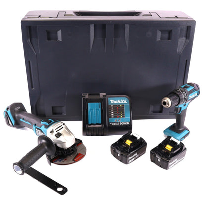 Makita DHP 482 STMX perceuse à percussion sans fil 18 V 62 Nm + meuleuse d'angle sans fil DGA 504 18 V 125 mm sans balais + 2 batteries 5,0 Ah + chargeur + Makbox Maxi