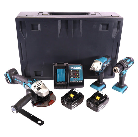 Makita DHP 482 STMX perceuse à percussion sans fil 18 V 62 Nm + meuleuse d'angle sans fil DGA 504 18 V 125 mm sans balais + clé à chocs sans fil DTW 190 18 V 190 Nm 1/2" + 2x batteries 5,0 Ah + chargeur + Makbox Maxi