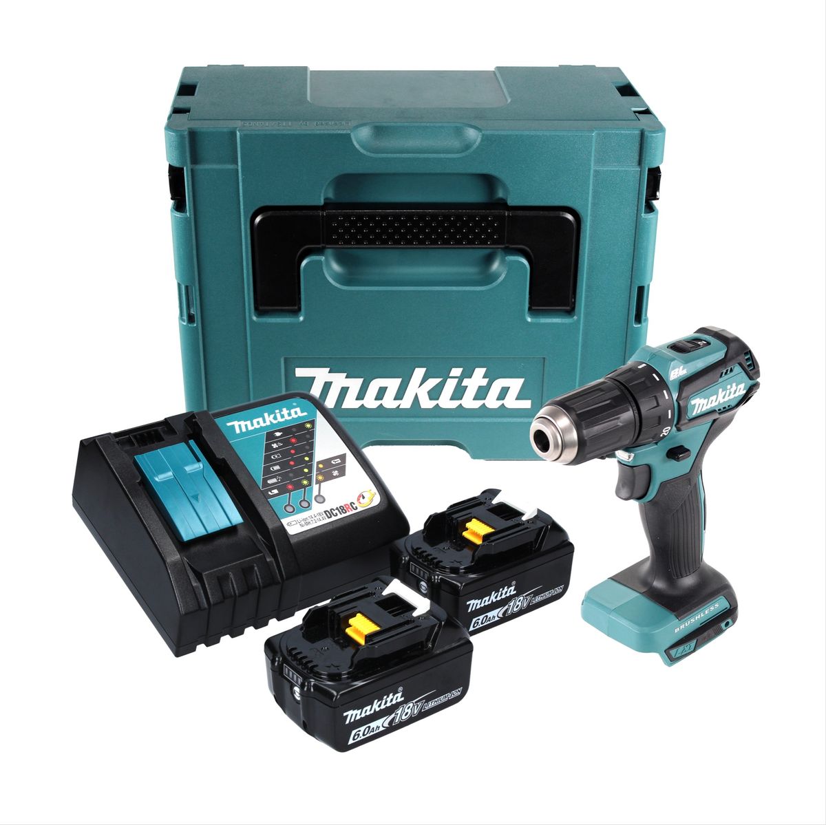 Makita DDF 483 RGJ Akku Bohrschrauber 18 V 40 Nm Brushless + 2x Akku 6,0 + Ladegerät + Makpac