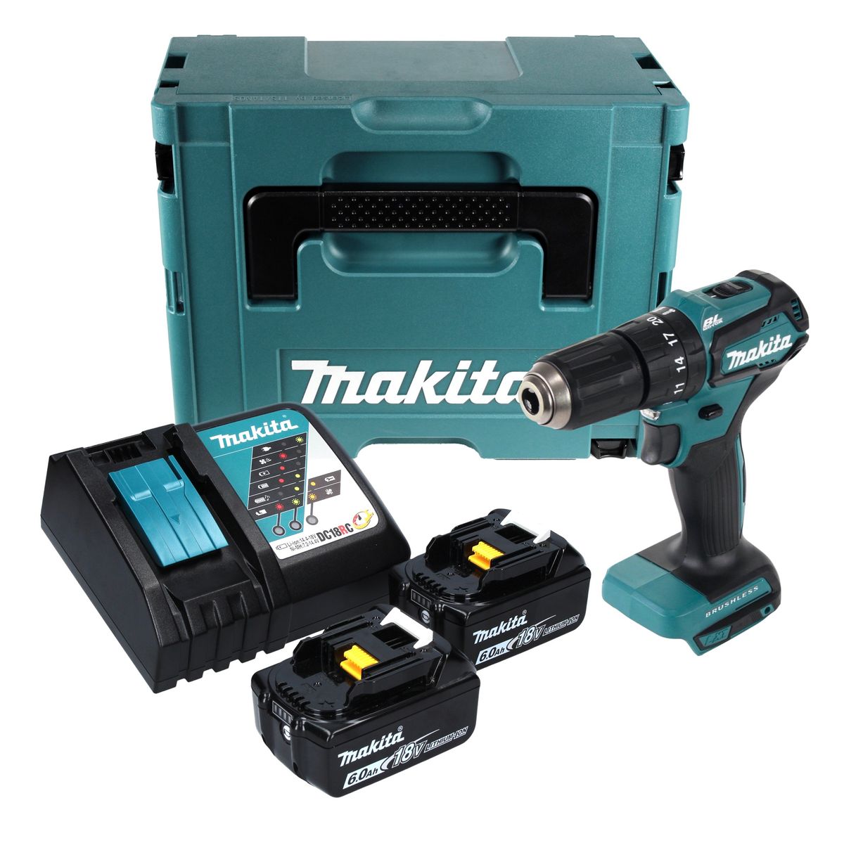 Makita DHP 483 RGJ Akku Schlagbohrschrauber 18 V 40 Nm + 2x Akku 6,0 Ah + Ladegerät + Makpac