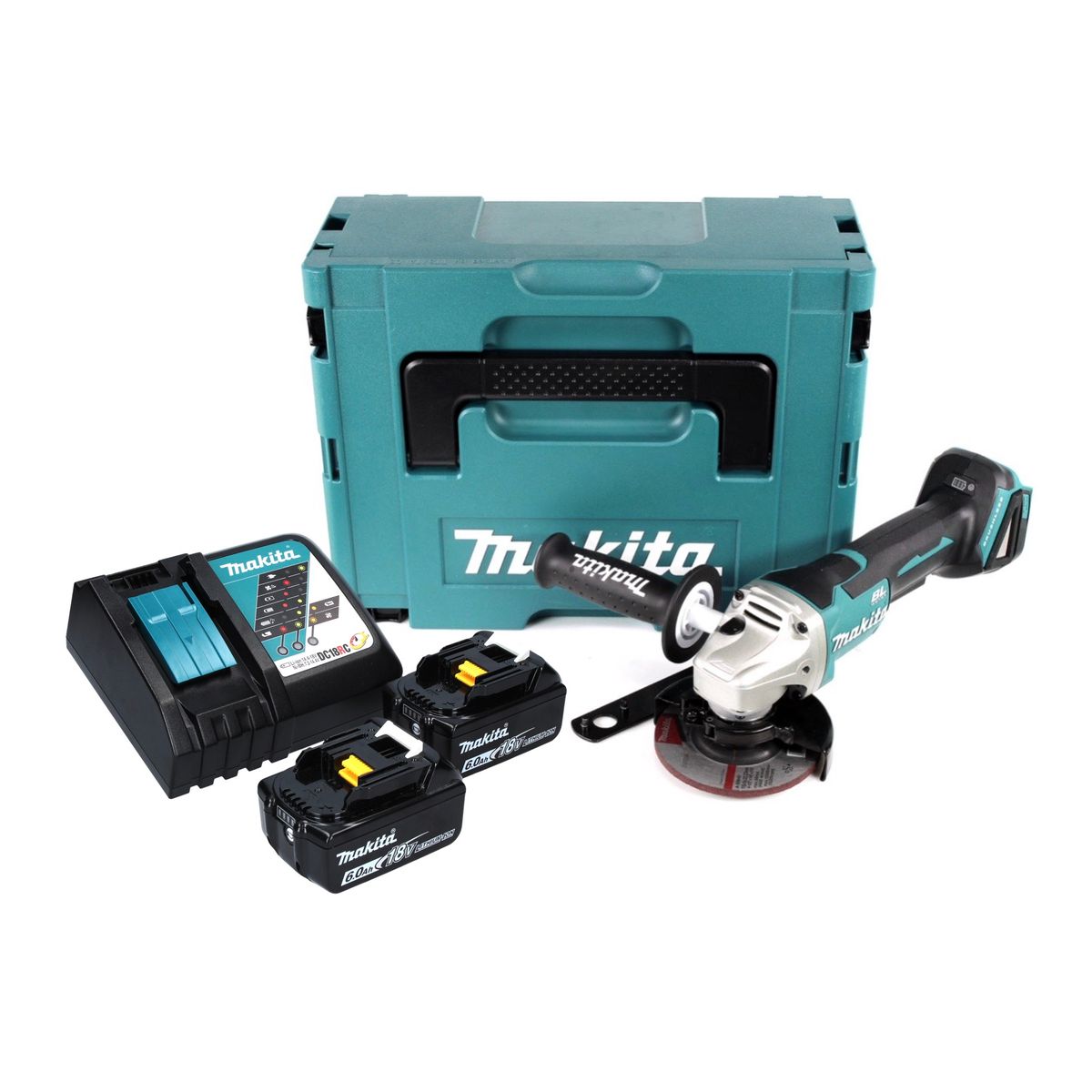 Makita DGA 458 RGJ Meuleuse d'angle sur batterie 18 V 115 mm sans balais + 2x batteries 6,0 Ah + chargeur + Makpac