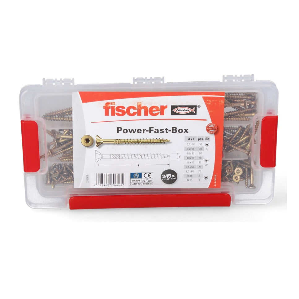 Fischer Power-Fast Box 245 pièces 3,5 - 5 mm (667005) tête fraisée avec double filetage Torx, galvanisé, passivé jaune