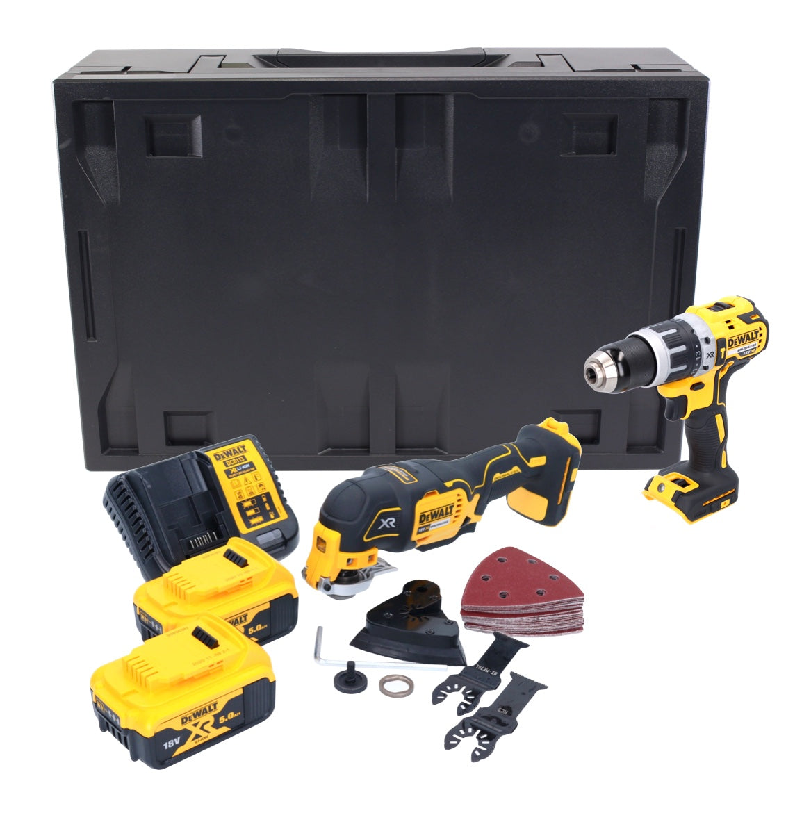 Dewalt DCD 796 P2MD Akku Schlagbohrschrauber 18 V 70 Nm Brushless + DCS 355 Akku Oszillierer 18 V Brushless + 2x Akku 5,0 Ah + Ladegerät + Maxi D-Box