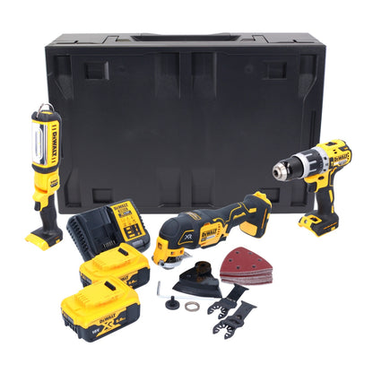 Dewalt DCD 796 P2MD Akku Schlagbohrschrauber 18 V 70 Nm Brushless + DCS 355 Akku Oszillierer 18 V Brushless + DCL 050 Akku Lampe 18 V + 2x Akku 5,0 Ah + Ladegerät + Maxi D-Box