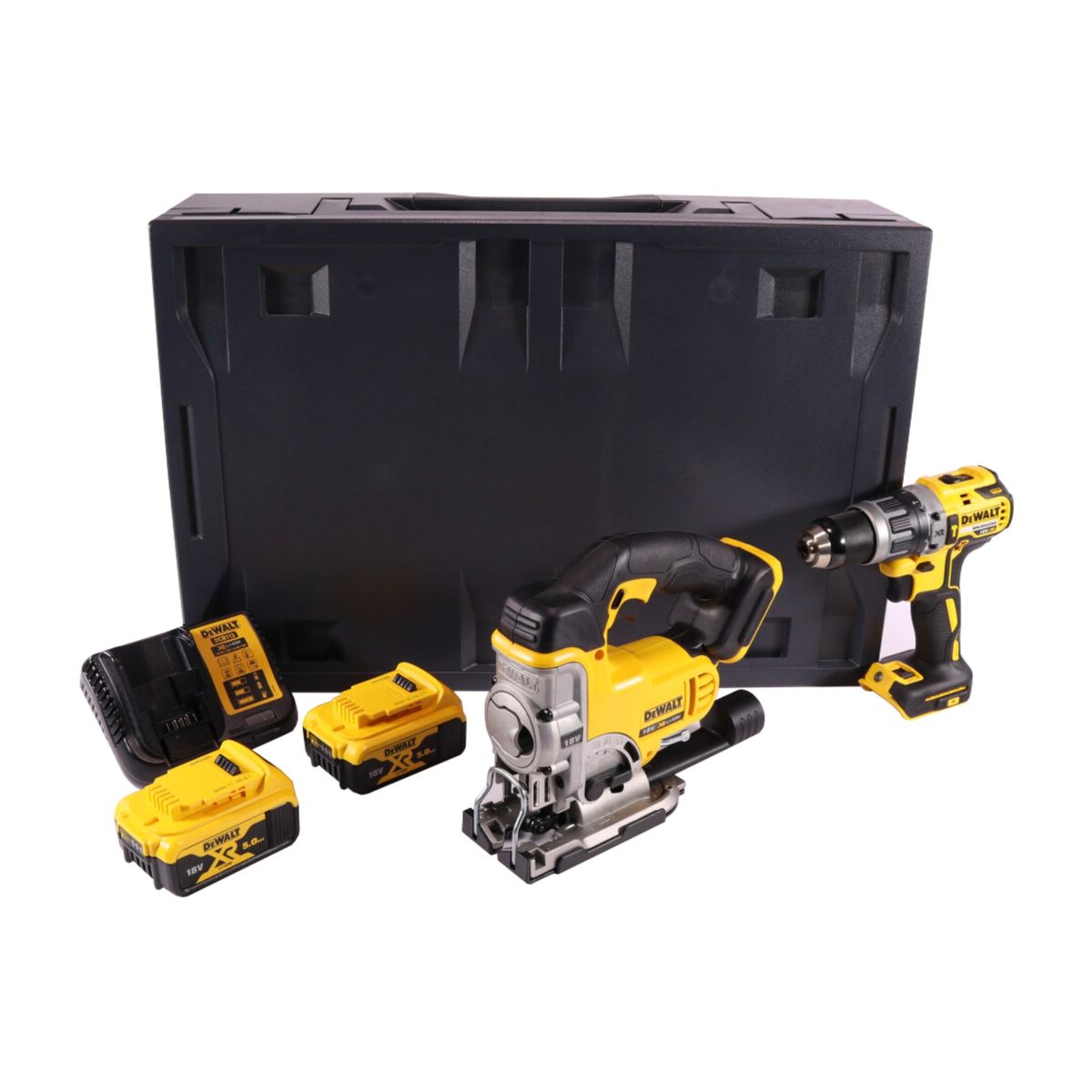 Dewalt DCD 796 P2MD Akku Schlagbohrschrauber 18 V 70 Nm Brushless + DCS 331 Akku Stichsäge 18 V + 2x Akku 5,0 Ah + Ladegerät + Maxi D-Box