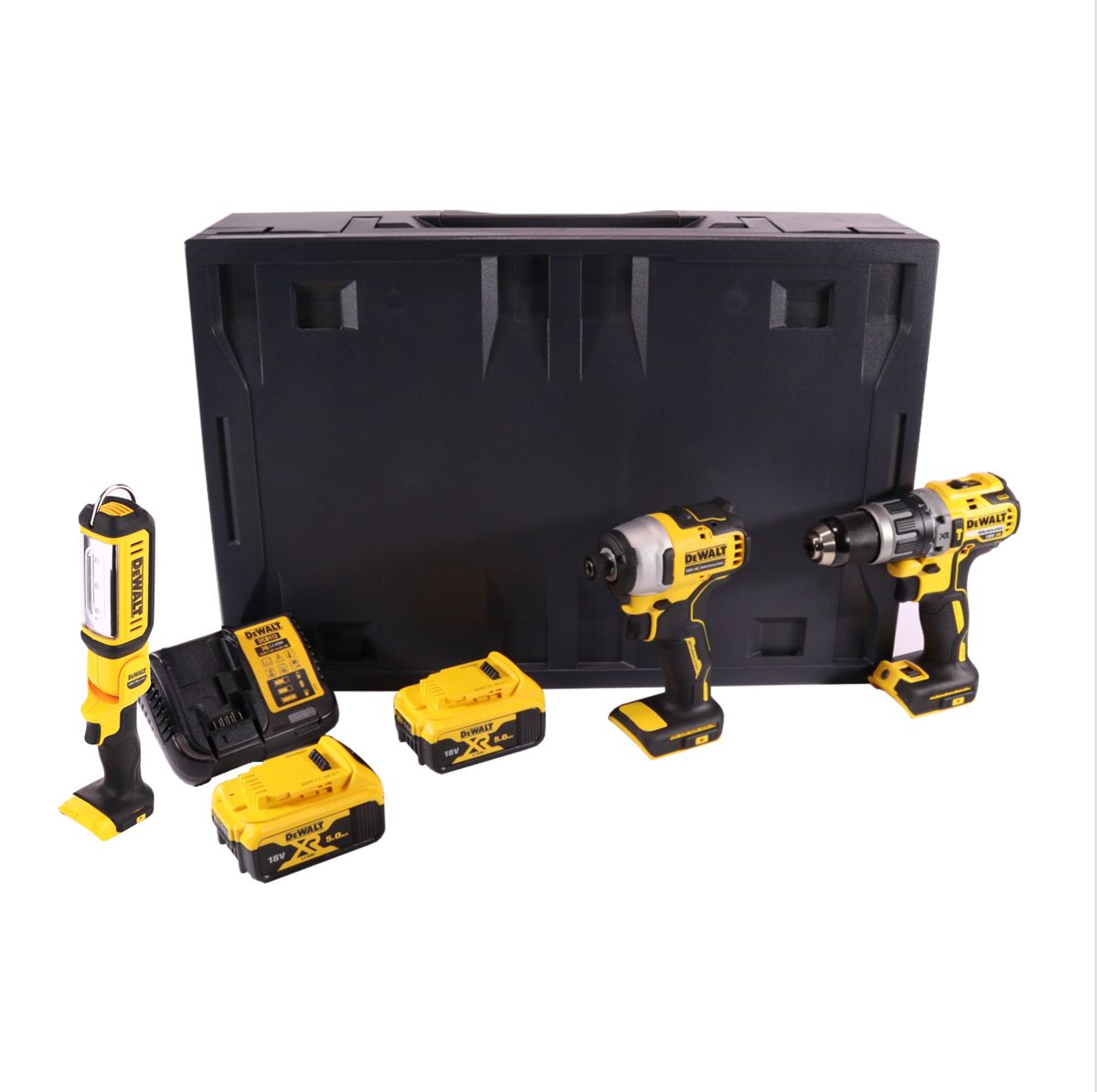 Dewalt DCD 796 P2MD Akku Schlagbohrschrauber 18 V 70 Nm Brushless + DCF 809 Akku Schlagschrauber 18 V 190 Nm 1/4" Brushless + DCL 050 Akku Lampe 18 V + 2x Akku 5,0 Ah + Ladegerät + Maxi D-Box