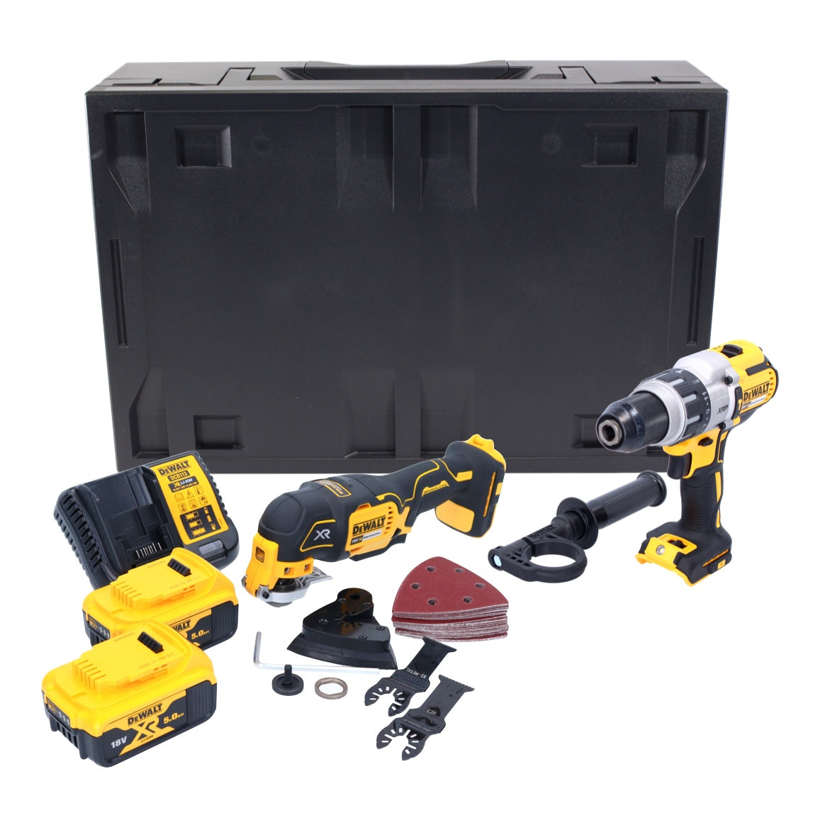 Perceuse à percussion sur batterie Dewalt DCD 996 P2MD 18 V 95 Nm sans balais + oscillateur sur batterie DCS 355 18 V sans balais + 2x batterie 5,0 Ah + chargeur + Maxi D-Box