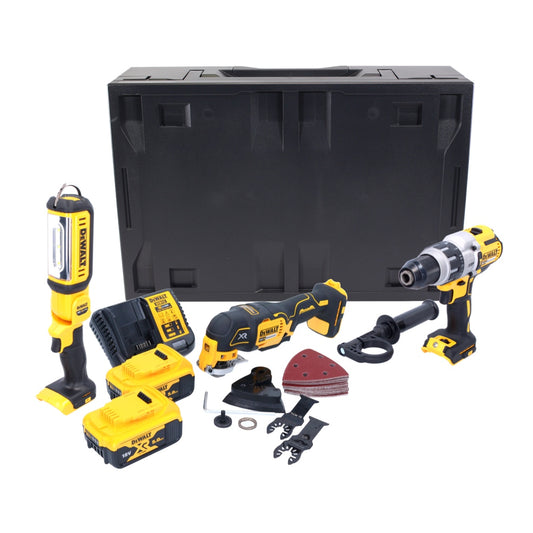 Dewalt DCD 996 P2MD Akku Schlagbohrschrauber 18 V 95 Nm Brushless + DCS 355 Akku Oszillierer 18 V Brushless + DCL 050 Akku Lampe 18 V + 2x Akku 5,0 Ah + Ladegerät + Maxi D-Box