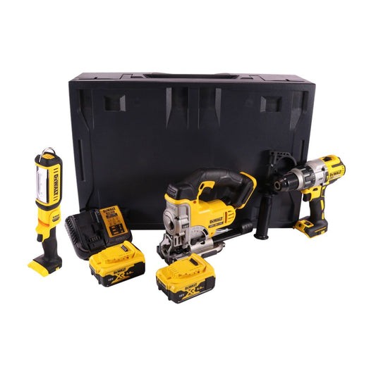 Perceuse à percussion sans fil Dewalt DCD 996 P2MD 18 V 95 Nm sans balais + scie sauteuse sans fil DCS 331 18 V + lampe sans fil DCL 050 18 V + 2 batteries 5,0 Ah + chargeur + Maxi D-Box