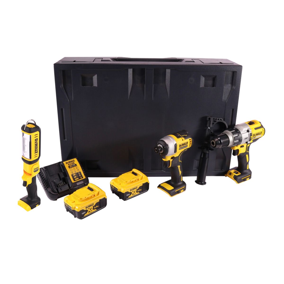 Perceuse à percussion sans fil Dewalt DCD 996 P2MD 18 V 95 Nm sans balais + Clé à chocs sans fil DCF 809 18 V 190 Nm 1/4" sans balais + Lampe à batterie DCL 050 18 V + 2x batteries 5,0 Ah + chargeur + Maxi D-Box