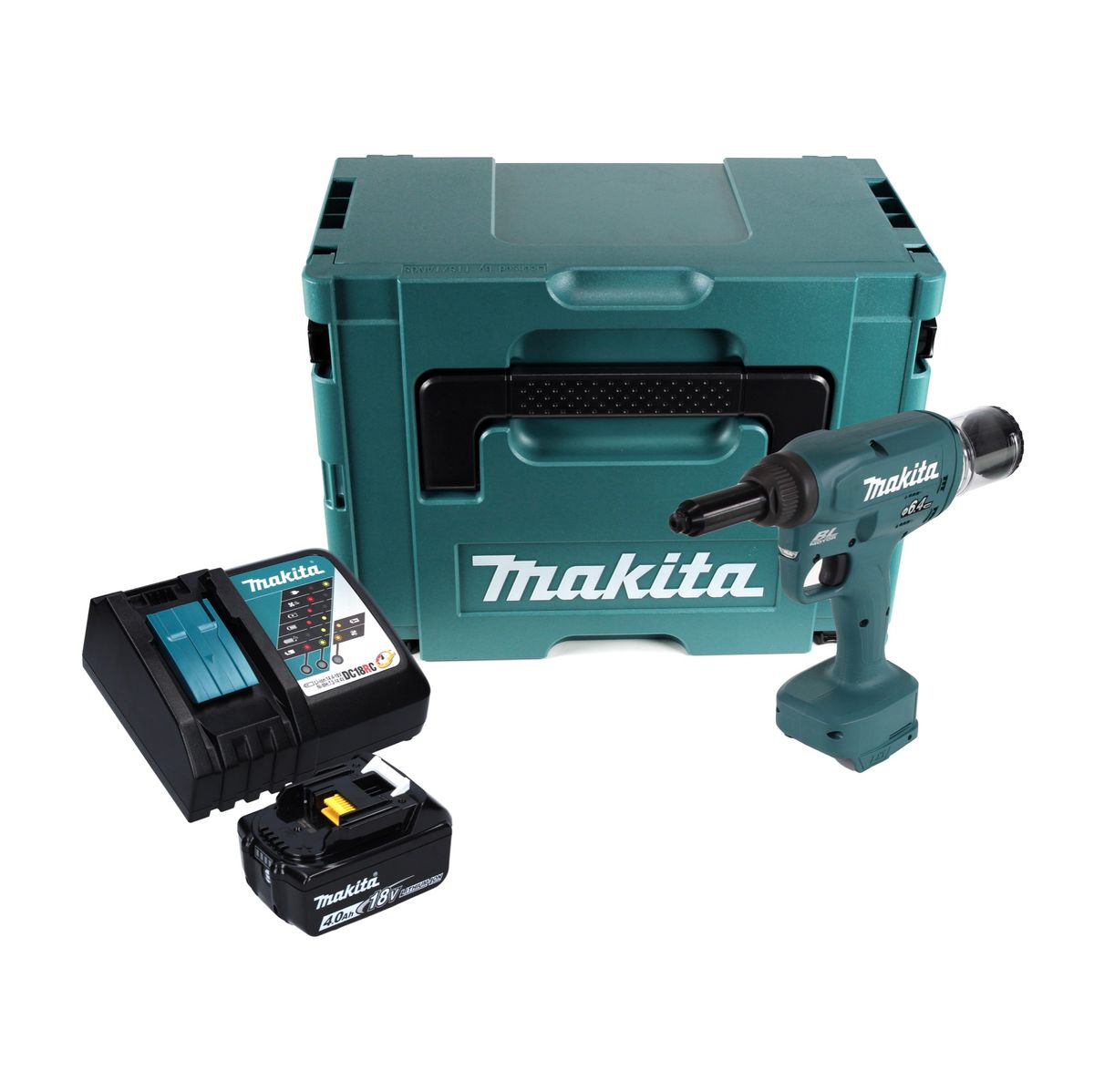 Makita DRV 250 RM1J Akku Blindnietsetzgerät 18 V 20 kN Brushless + 1x Akku 4,0 Ah + Ladegerät + Makpac