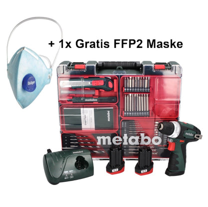 Metabo PowerMaxx BS Basic Set perceuse/visseuse sans fil 10,8 V 34 Nm (600080880) + 2x batterie 2,0 Ah + chargeur + jeu de 64 forets + 1x masque FFP2 + étui