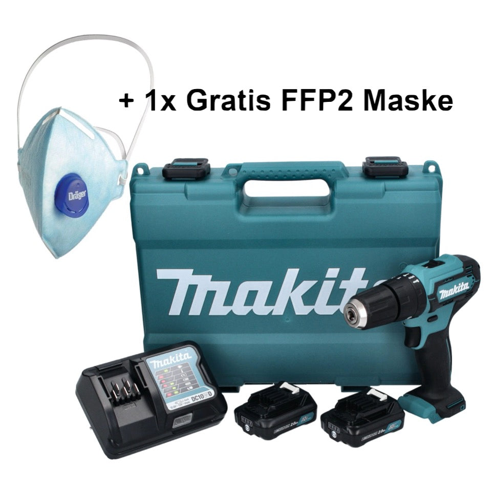 Makita HP 333 DWAE Akku Schlagbohrschrauber 12 V 30 Nm + 2x Akku 2,0 Ah + Ladegerät + 1x FFP2 Maske + Koffer - Toolbrothers