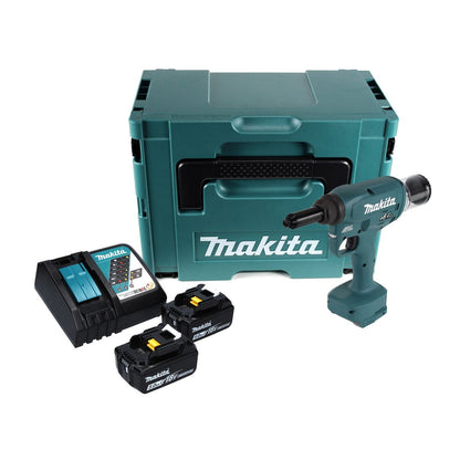 Makita DRV 250 RTJ outil de pose de rivets aveugles sur batterie 18 V 20 kN sans balais + 2x batterie 5,0 Ah + chargeur + Makpac