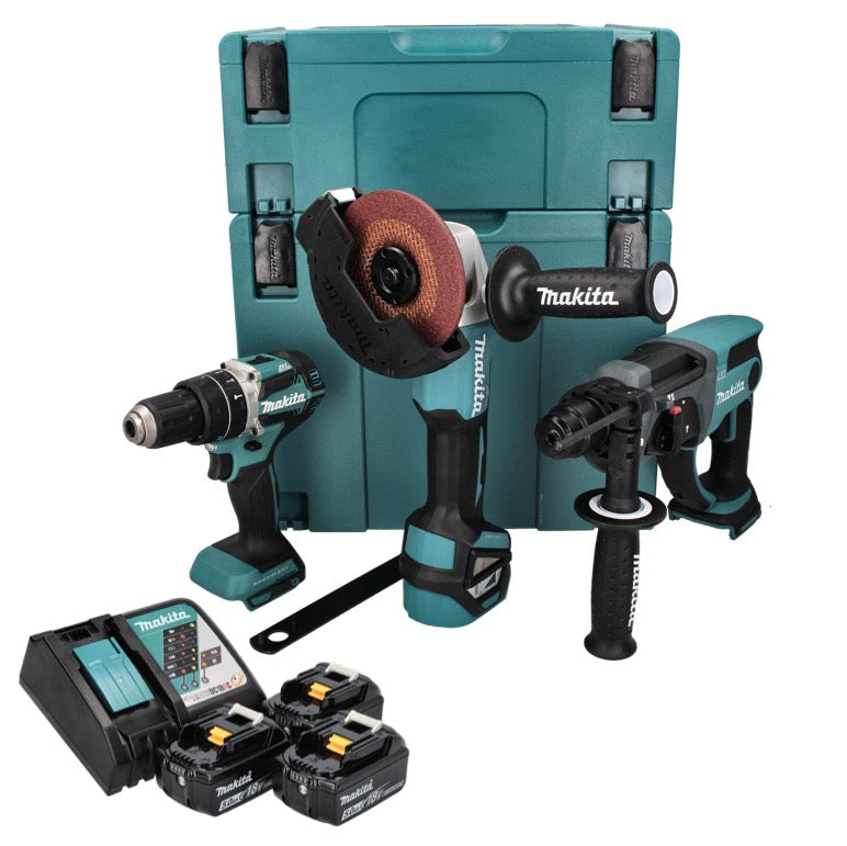 Makita DLX 3093 TJ Akku Spezial Set 18 V mit DHP 484 54 Nm + DHR 202 2,0 J + DGA 513 125 mm + 3x Akku 5,0 Ah + Ladegerät + 2x Makpac