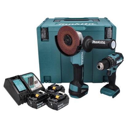 Makita DLX 2334 J Akku Kombo Kit 18 V mit DHP 485 50 Nm Brushless + DGA 504 125 mm Brushless + 3x Akku 3,0 Ah + Ladegerät + Makpac