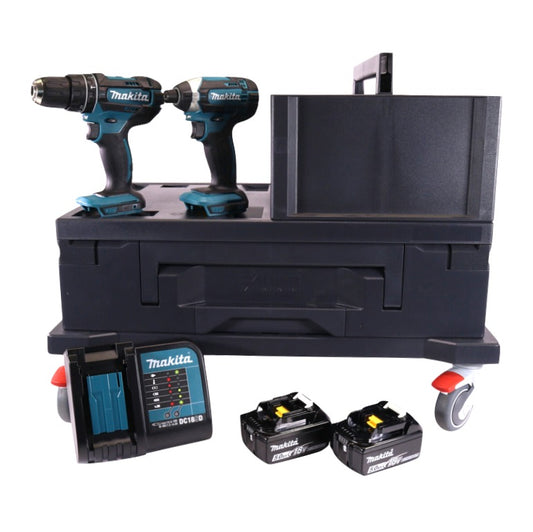 Makita DHP 482 STMX Akku Schlagbohrschrauber 18 V 62 Nm + DTD 152 Schlagschrauber 165 Nm 1/4" + 2x Akku 5,0 Ah + Ladegerät + 2x Makbox + Rollbrett