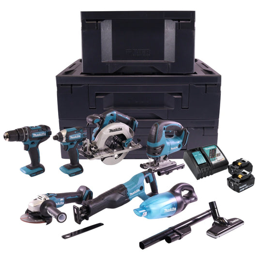 Makita DLX TMX Akku Kombo Kit mit DHP 482 + DJV 180 + DGA 504 + DHS 680 + DTD 152 + DJR 186 + DCL 180 + 2x Akku 5,0 Ah + Ladegerät + 3x Makbox