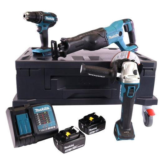 Makita DHP 482 STMX Akku Schlagbohrschrauber 18 V 62 Nm + DGA 504 Winkelschleifer 125 mm + DJR 186 Säbelsäge + 2x Akku 5,0 Ah + Ladegerät + Makbox Maxi + Rollbrett