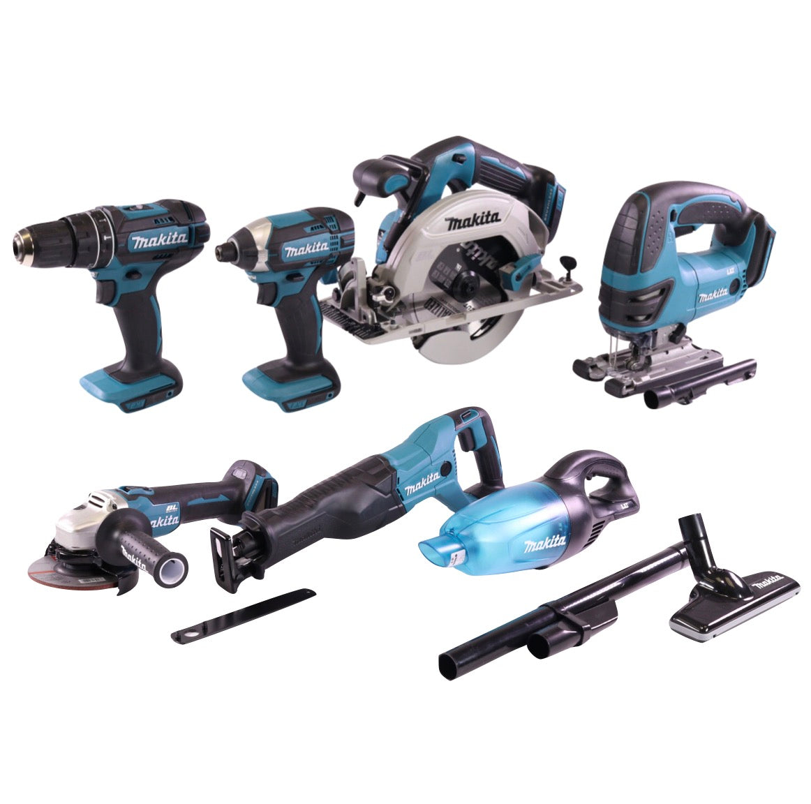 Kit combo batterie Makita DLX TMX avec DHP 482 + DJV 180 + DGA 504 + DHS 680 + DTD 152 + DJR 186 + DCL 180 + 2x batterie 5,0 Ah + chargeur + 3x Makbox + rouleau de transport