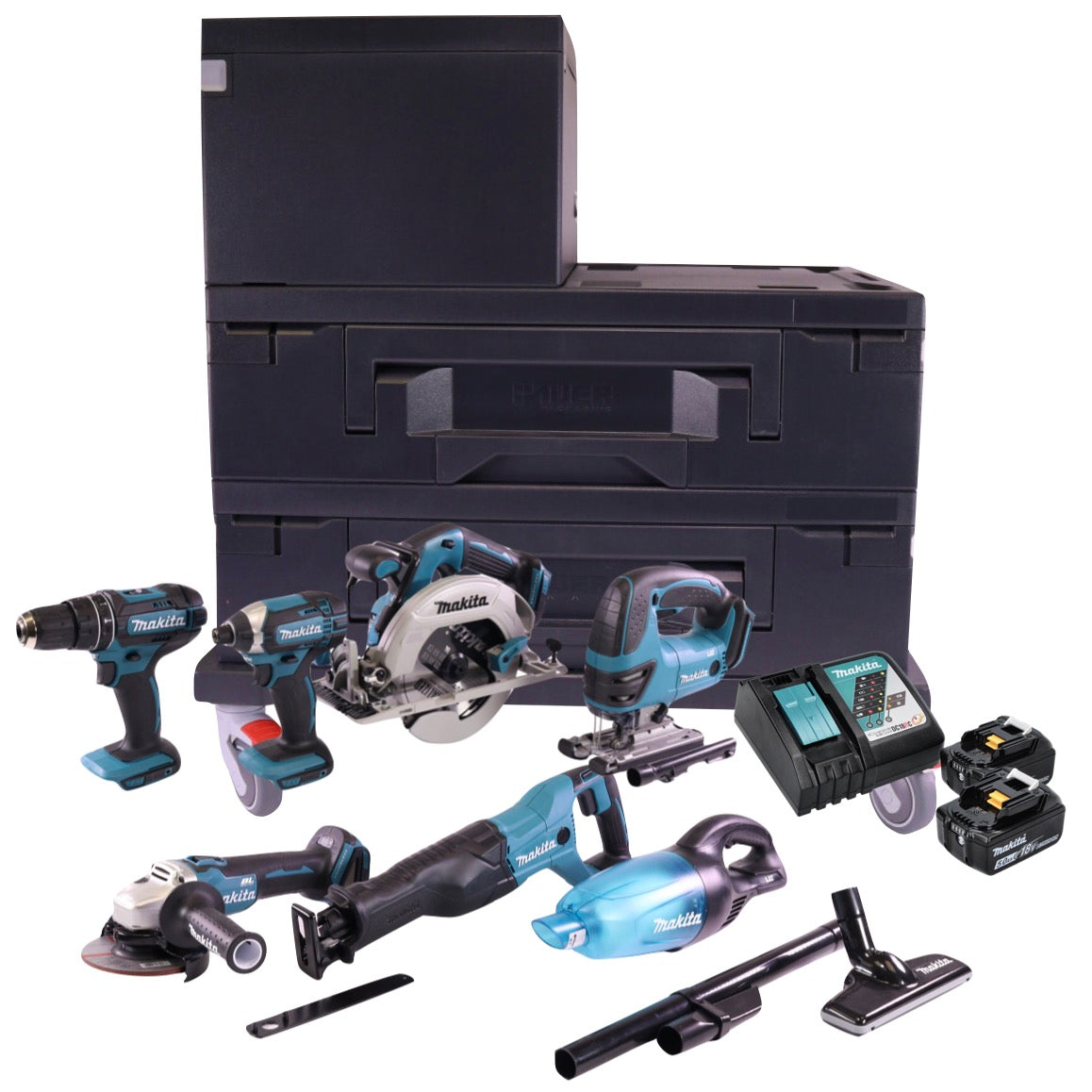 Kit combo batterie Makita DLX TMX avec DHP 482 + DJV 180 + DGA 504 + DHS 680 + DTD 152 + DJR 186 + DCL 180 + 2x batterie 5,0 Ah + chargeur + 3x Makbox + rouleau de transport