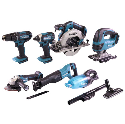 Makita DLX TMX Akku Kombo Kit mit DHP 482 + DJV 180 + DGA 504 + DHS 680 + DTD 152 + DJR 186 + DCL 180 + 2x Akku 5,0 Ah + Ladegerät + 4x Makbox + Transportroller