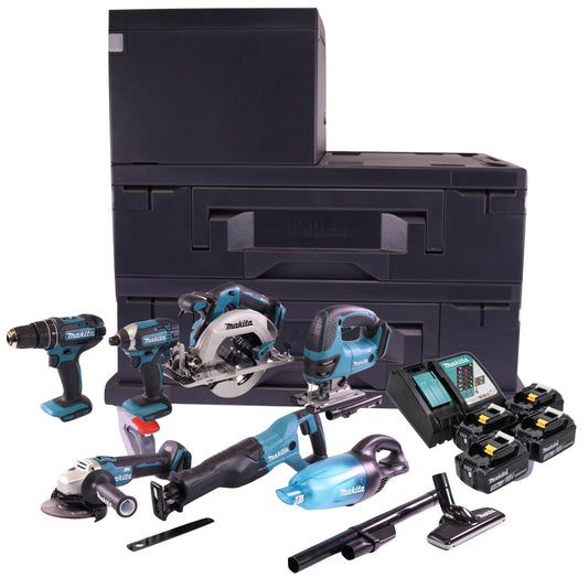 Makita DLX T4MX Akku Kombo Kit mit DHP 482 + DJV 180 + DGA 504 + DHS 680 + DTD 152 + DJR 186 + DCL 180 + 4x Akku 5,0 Ah + Ladegerät + 3x Makbox + Transportroller