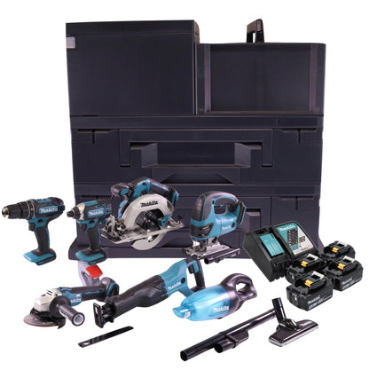 Kit combo batterie Makita DLX T4MX avec DHP 482 + DJV 180 + DGA 504 + DHS 680 + DTD 152 + DJR 186 + DCL 180 + 4x batterie 5,0 Ah + chargeur + 4x Makbox + rouleau de transport