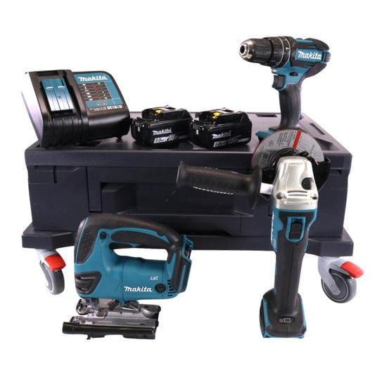 Makita DHP 482 STMX Akku Schlagbohrschrauber 18 V 62 Nm + DJV 180 Stichsäge + DGA 504 Winkelschleifer 125 mm + 2x Akku 5,0 Ah + Ladegerät + Makbox Maxi + Rollbrett