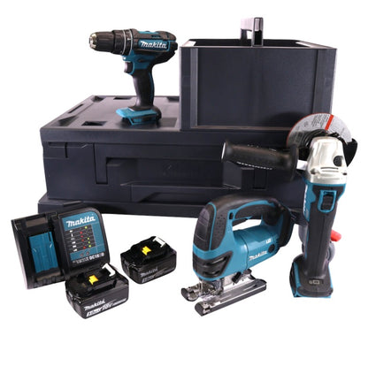 Makita DHP 482 STMX perceuse à percussion sans fil 18 V 62 Nm + scie sauteuse DJV 180 + meuleuse d'angle DGA 504 125 mm + 2x batteries 5,0 Ah + chargeur + 2x Makbox + planche à roulettes