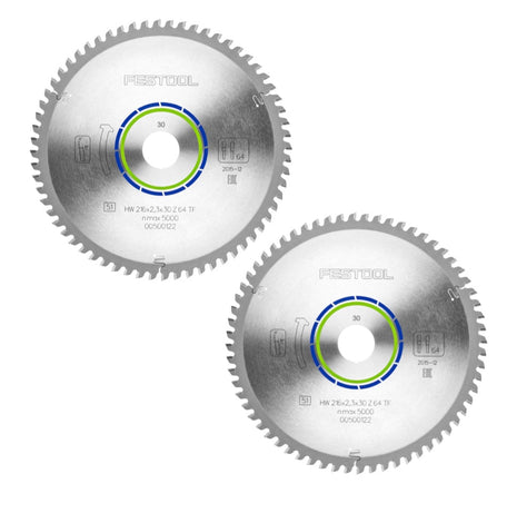 Festool Spezial Kreissägeblatt Set 2x HW 216 x 30 x 2,3 mm TF64 216 mm ( 2x 500122 ) 64 Zähne - Toolbrothers