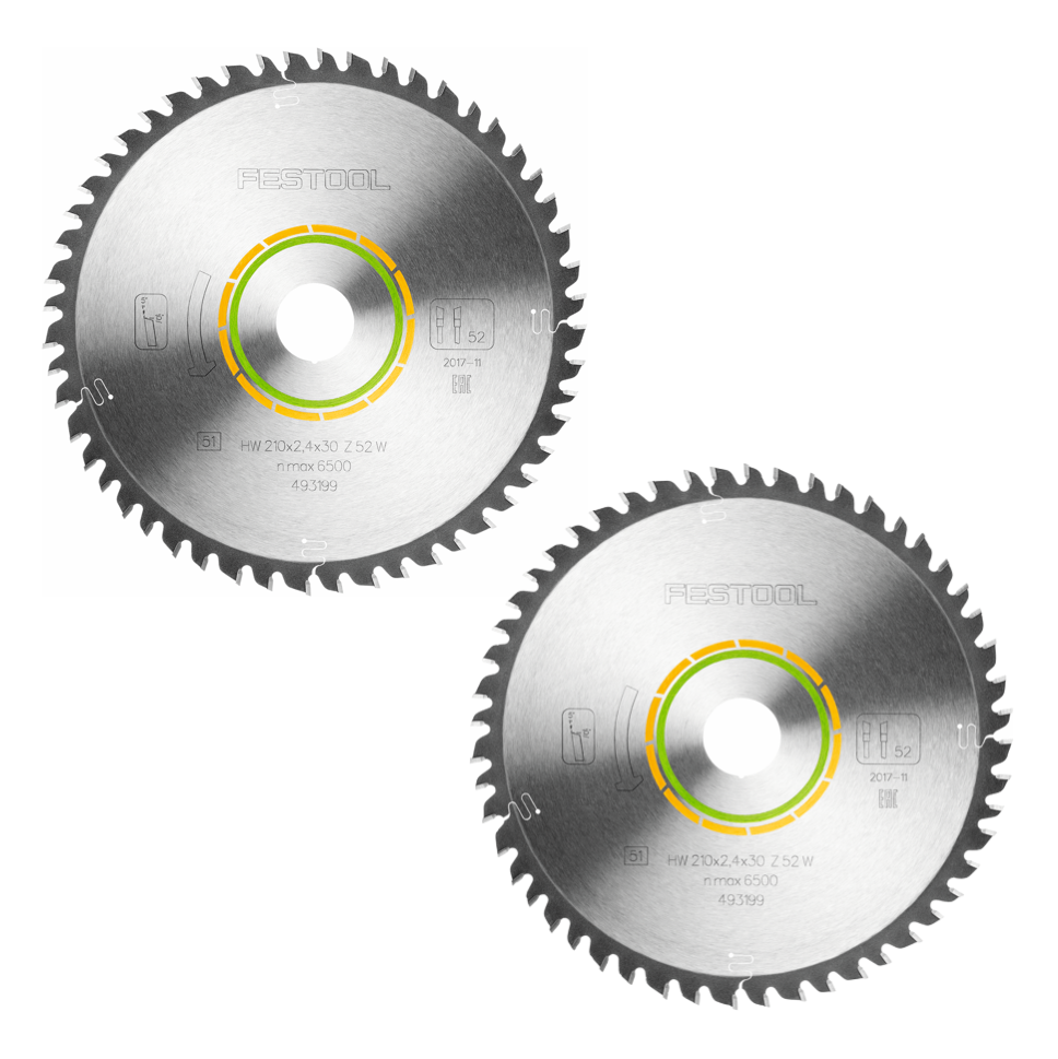 Festool Feinzahn Kreissägeblatt Set 2x 210 x 30 x 2,4 mm W52 210 mm ( 2x 493199 ) 52 Zähne - Toolbrothers