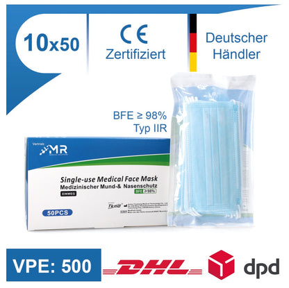 MR Solutions Medizinischer Mund Nasenschutz 500 Stk. Filtration BFE 98 % EN 14683:2019+AC:2019 Typ IIR 3 lagige OP Maske - Toolbrothers