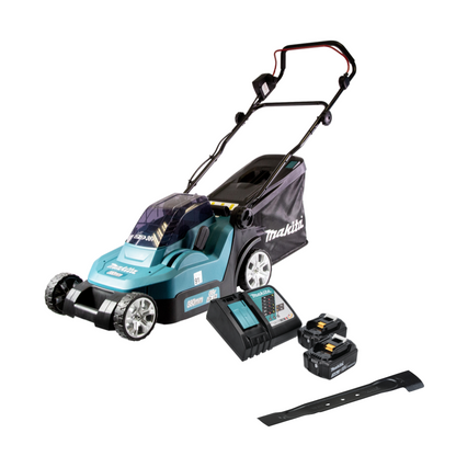 Makita DLM 382 RF2 tondeuse à gazon sans fil 36 V (2x 18 V) 38 cm 40 l + 2x batterie 3,0 Ah + chargeur + lame faucille