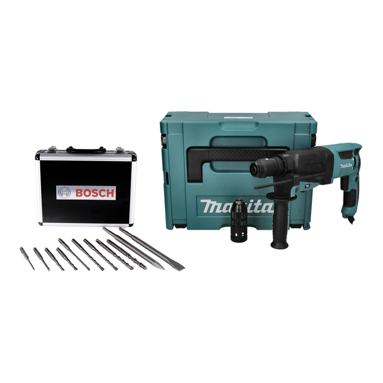 Makita HR 2630 TJ Kombihammer 800 W 2,4 J SDS Plus + 11 tlg. Bohrer Meißel Set + Schnellspannfutter + Makpac - Toolbrothers