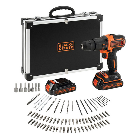 Perceuse à percussion sans fil Black &amp; Decker BDCHD18BAFC 18 V 40 Nm + 2 batteries 1,5 Ah + chargeur + jeu d'accessoires 80 pièces + mallette