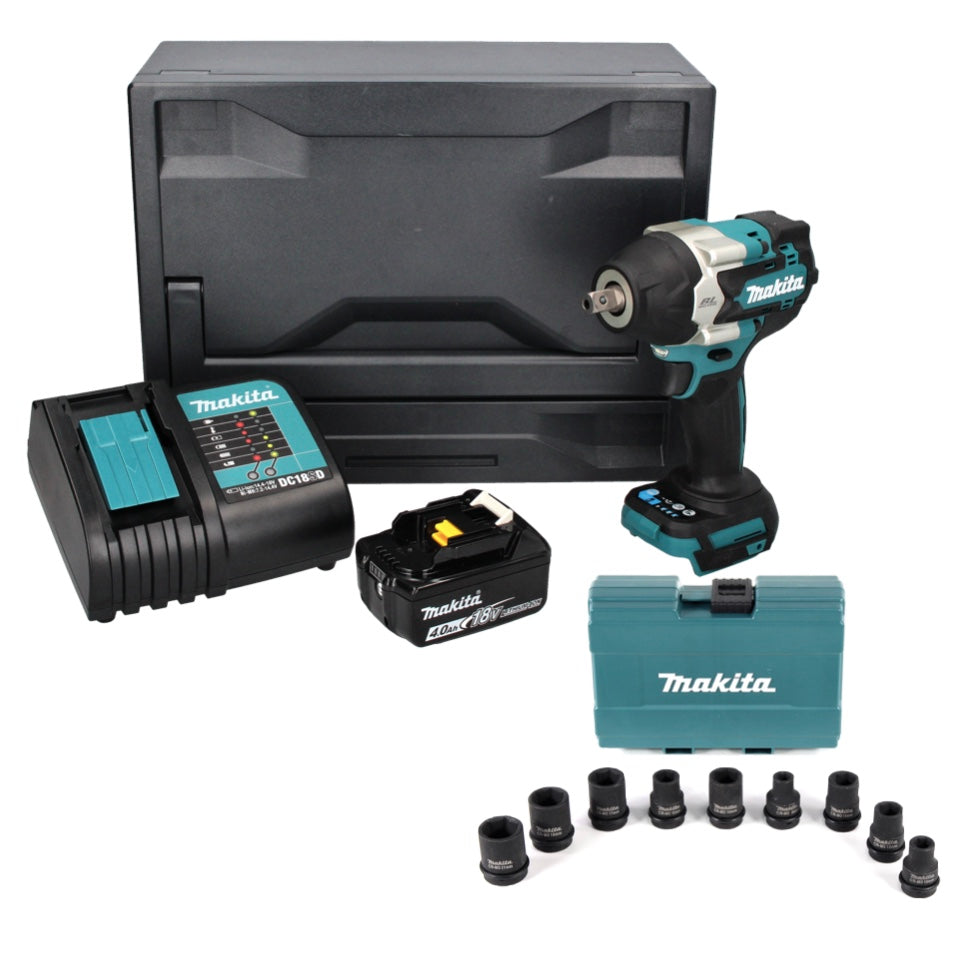 Makita DTW 701 SM1X clé à chocs sans fil 18 V 700 Nm 1/2" XPT Brushless + 1x batterie 4,0 Ah + chargeur + jeu d'écrous de clé à douille 9 pièces + Makbox