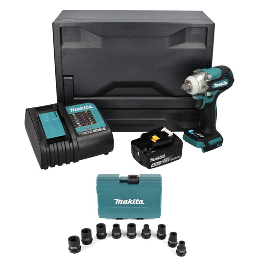 Makita DTW 300 SM1X Akku Schlagschrauber 18 V 330 Nm 1/2" Brushless + 1x Akku 4,0 Ah + Ladegerät + 9 tlg. Nuss Set + Makbox