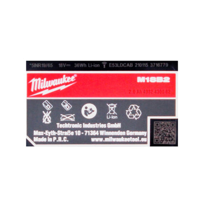 Batterie Milwaukee M18 B2 18 V / 2,0 Ah / 2000 mAh ROUGE Li-Ion (4932430062)