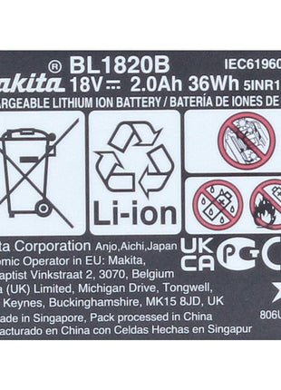 Makita BL 1820 B 18 V - Batterie Li-Ion 2,0 Ah / 2000 mAh avec affichage LED (197254-9) - originale, pas une réplique