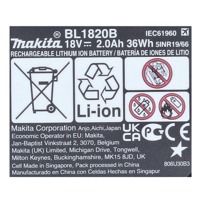 Makita BL 1820 B 18 V - Batterie Li-Ion 2,0 Ah / 2000 mAh avec affichage LED (197254-9) - originale, pas une réplique