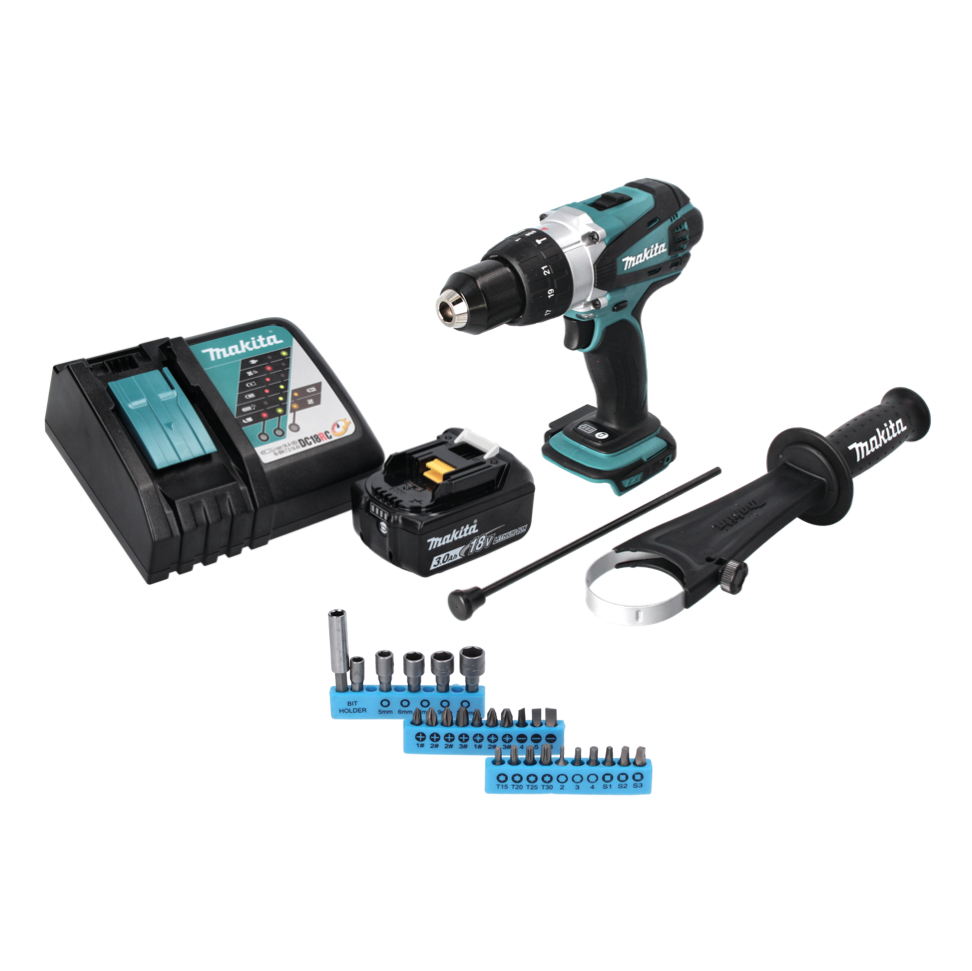 Makita DHP 458 RF1 perceuse à percussion sans fil 18 V 91 Nm + 1 batterie 3,0 Ah + chargeur + jeu d'embouts 26 pièces