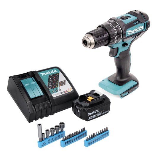 Makita DHP 482 RF1 perceuse à percussion sans fil 18 V 62 Nm + 1 batterie 3,0 Ah + chargeur + jeu de 26 clés à douilles